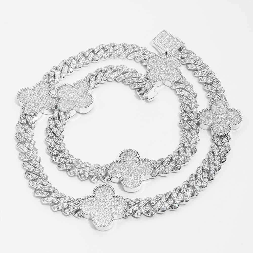 8MM Four Leaf Moissanite Cuban Link Chain 14K Gold