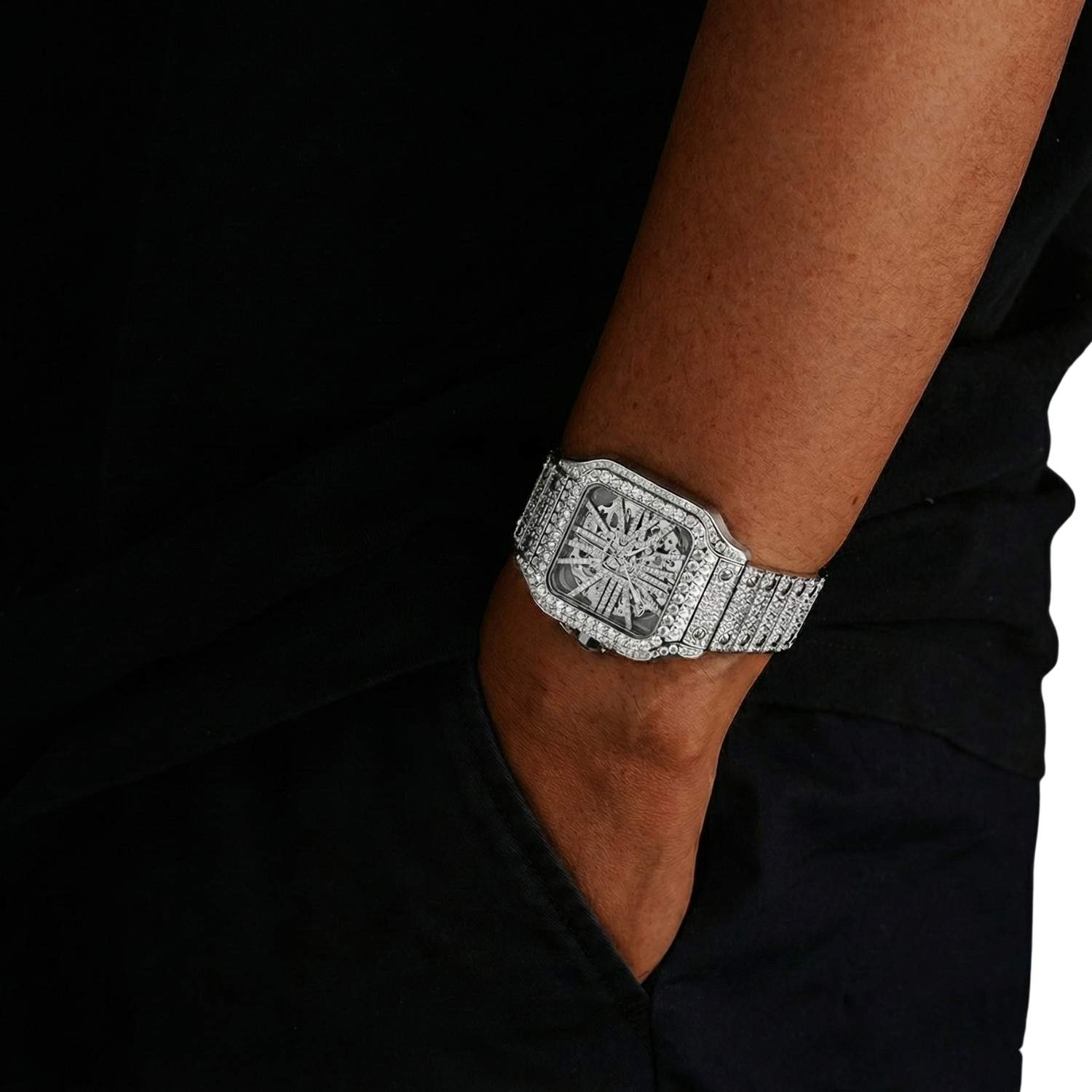 Moissanite Skeleton Watch | 42MM | 14K White Gold | 14.1CT Bust Down