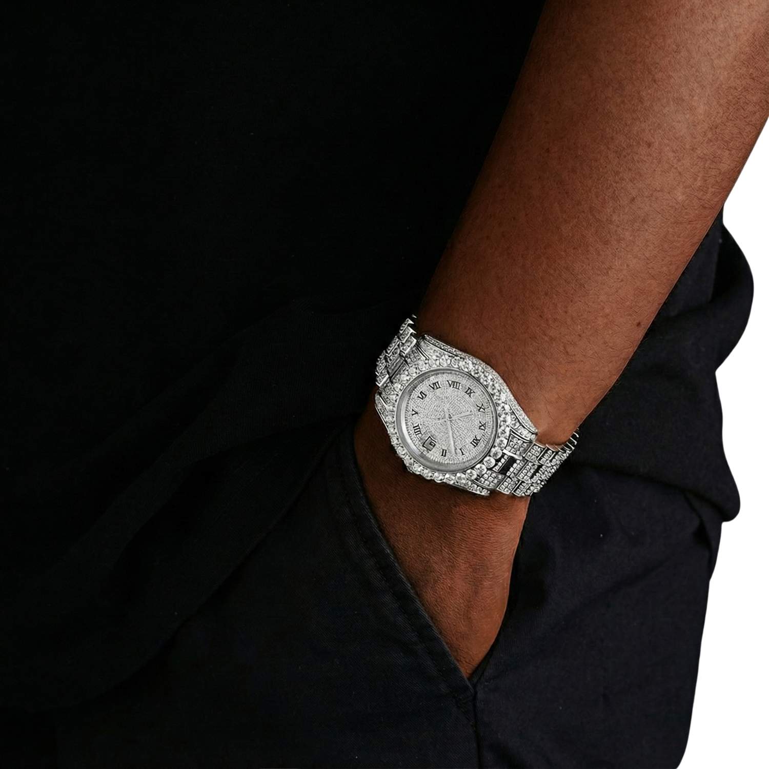 Moissanite Presidential Watch | 41MM | Roman Numeral Dial | 18.3CT Iced Out | 14K White Gold
