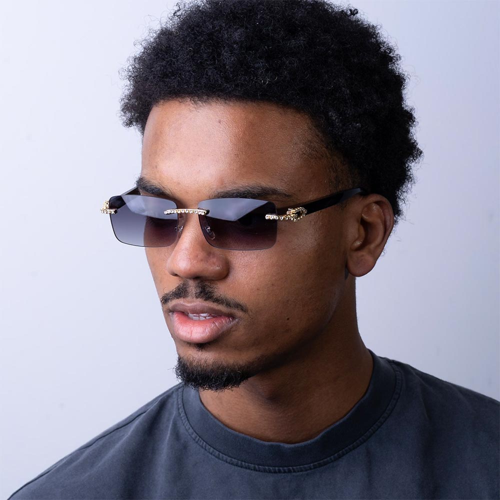 mens moissanite rimless sunglasses 14k gold model