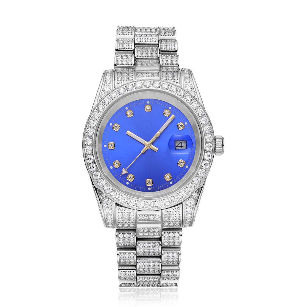 moissanite presidential watch blue face 14k gold white background
