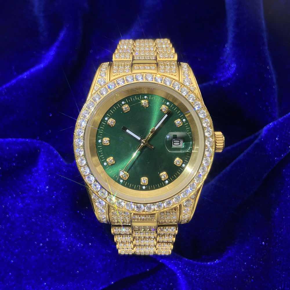 Moissanite Presidential Watch | Green Face | 41MM | 13.3CT Iced Out | 14K Yellow Gold