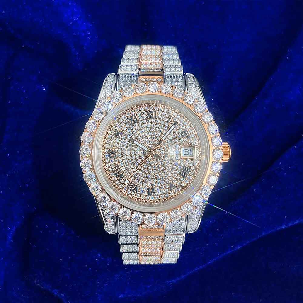 Moissanite Presidential Watch | 41MM | Roman Numeral Dial | 18.3CT Iced Out | 14K Rose Gold