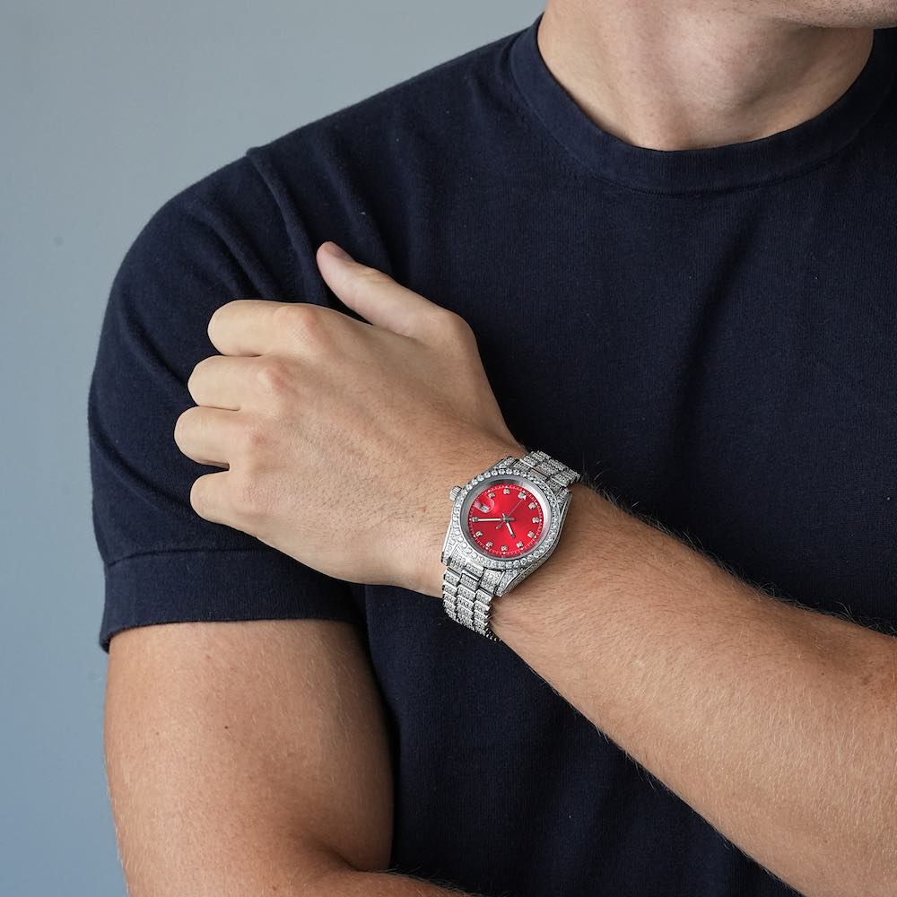 Moissanite Presidential Watch | Red Face | 41MM | 13.3CT Iced Out | 14K White Gold