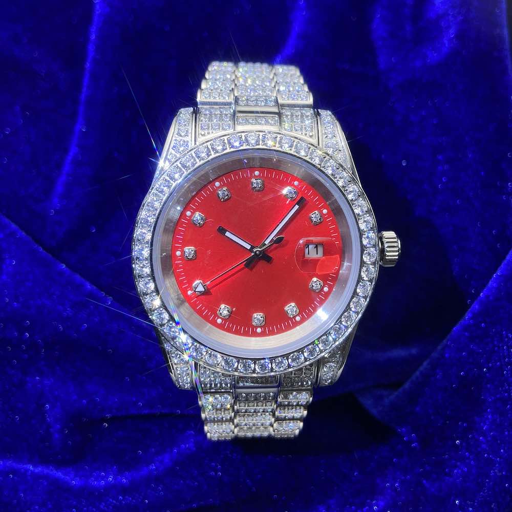 Moissanite Presidential Watch | Red Face | 41MM | 13.3CT Iced Out | 14K White Gold