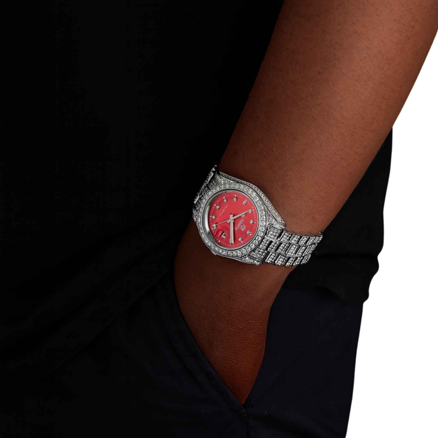 Moissanite Presidential Watch | Red Face | 41MM | 13.3CT Iced Out | 14K Yellow Gold