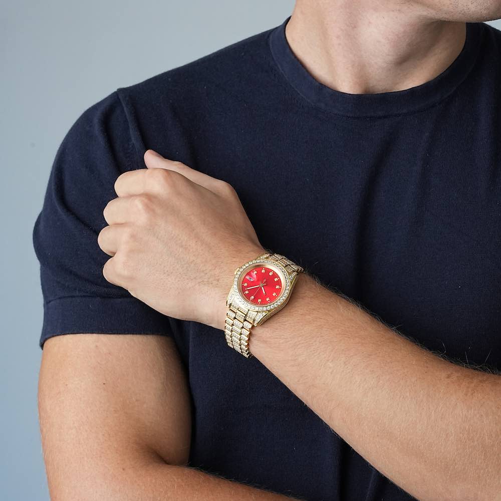 Moissanite Presidential Watch | Red Face | 41MM | 13.3CT Iced Out | 14K Yellow Gold