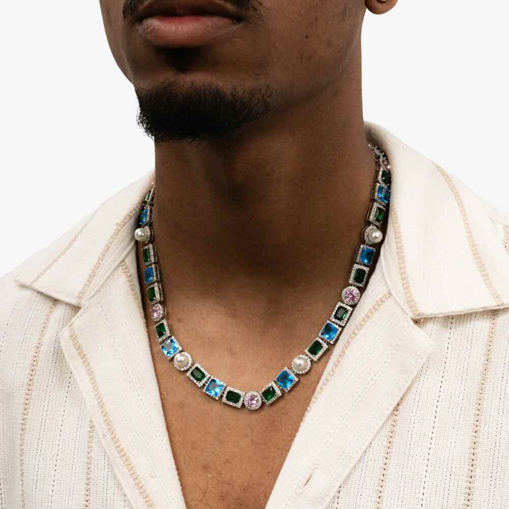 multi gemstone halo moissanite chain model