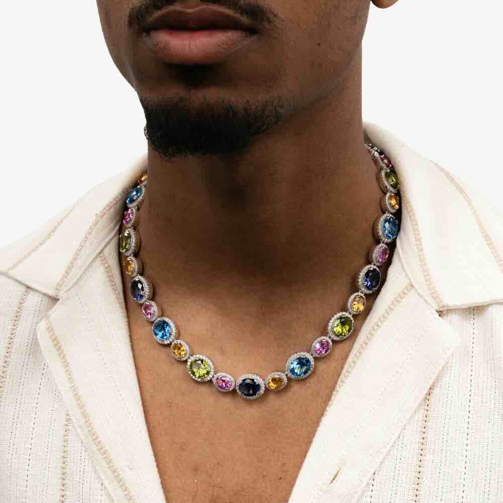 multi gemstone oval cut moissanite chain model