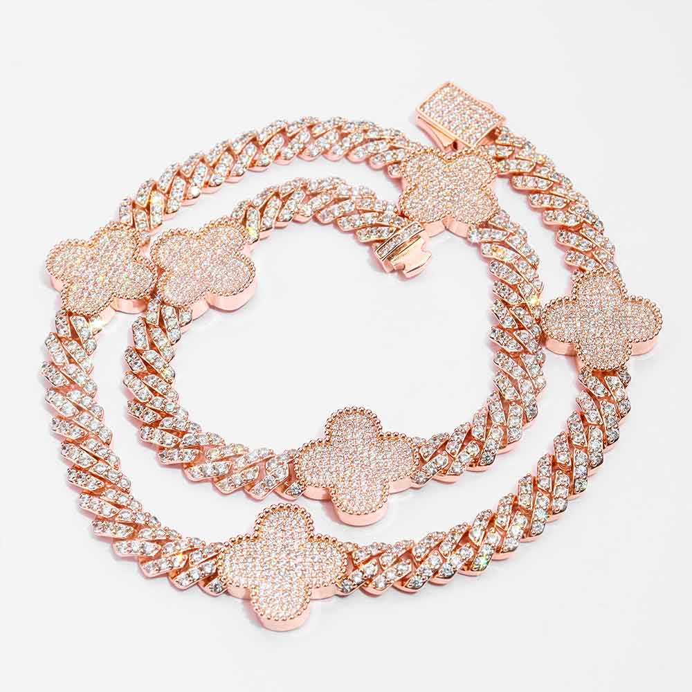 8MM Four Leaf Moissanite Cuban Link Chain 14K Gold