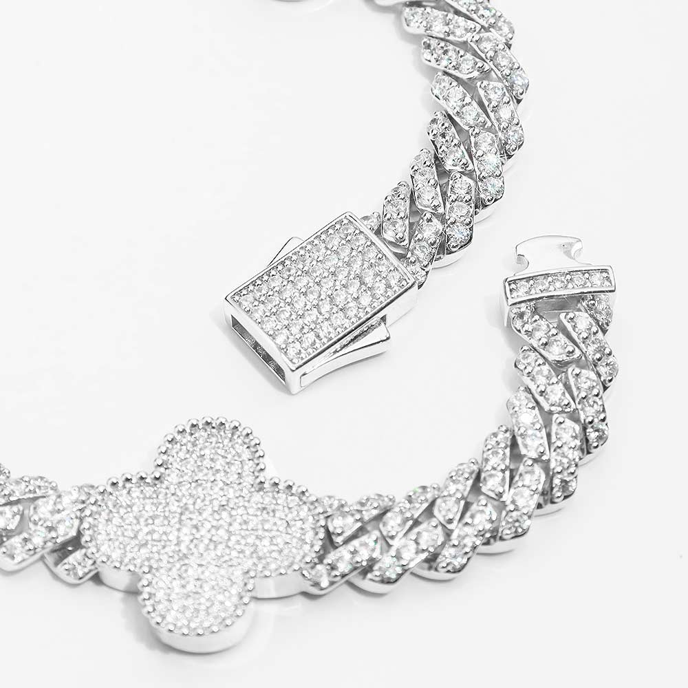 8MM Four Leaf Moissanite Cuban Link Chain 14K Gold