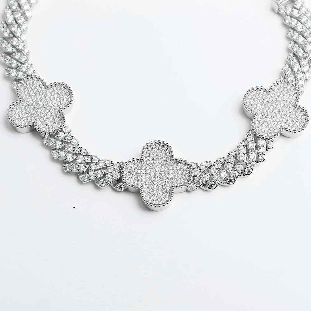 8MM Four Leaf Moissanite Cuban Link Bracelet 14K Gold