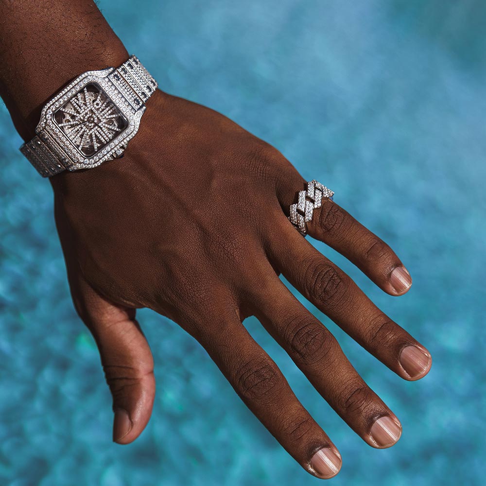 Moissanite Skeleton Watch | 42MM | 14K White Gold | 14.1CT Bust Down