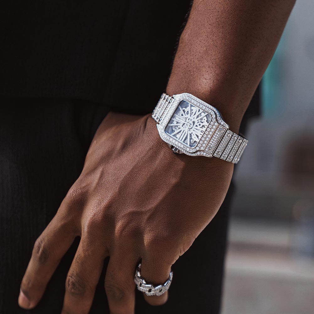 Moissanite Skeleton Watch | 42MM | 14K White Gold | 14.1CT Bust Down