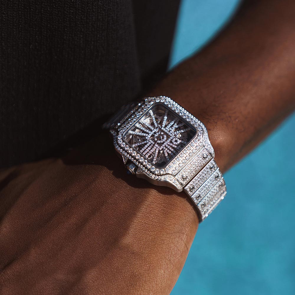 Moissanite Skeleton Watch | 42MM | 14K White Gold | 14.1CT Bust Down