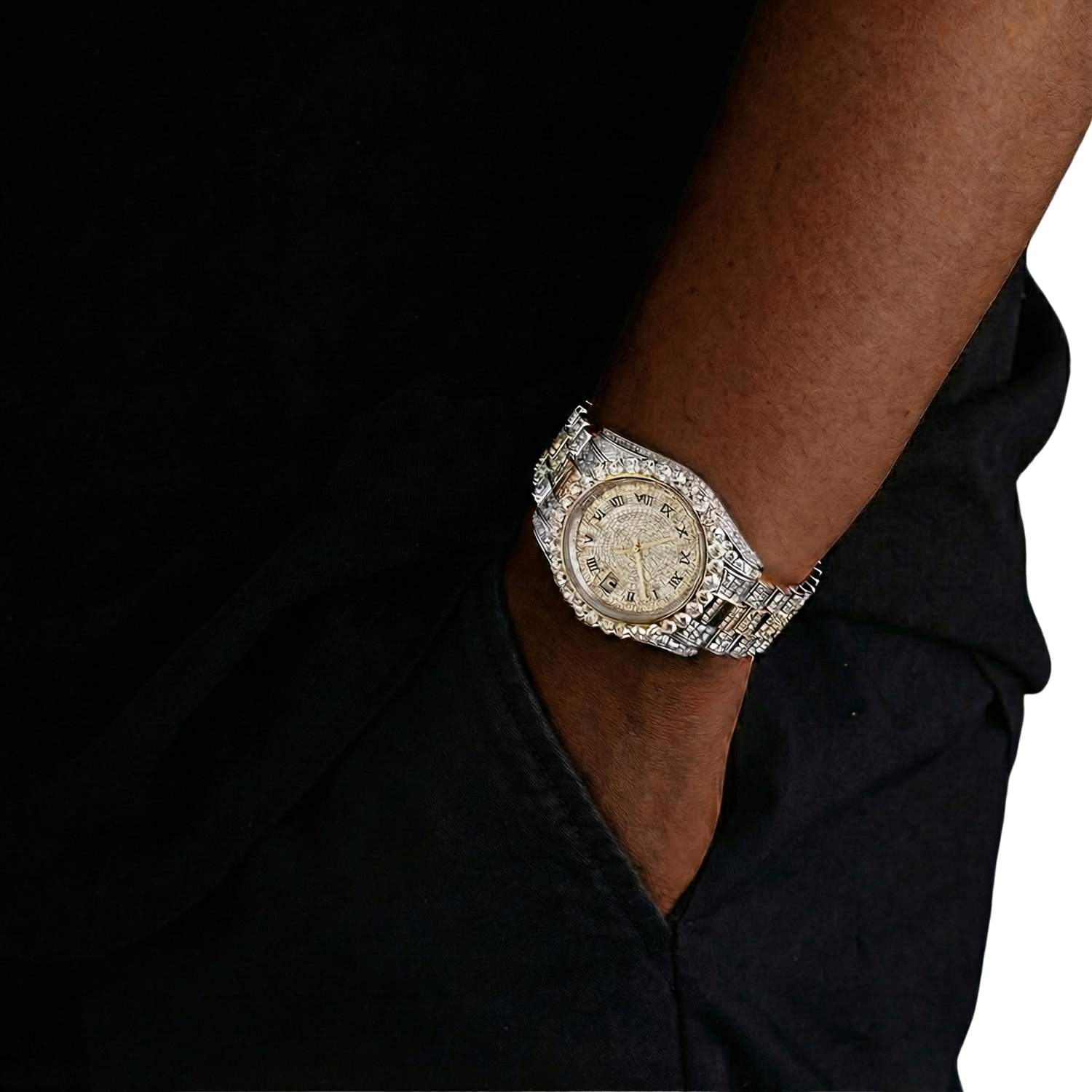 Moissanite Presidential Watch | 41MM | Roman Numeral Dial | 18.3CT Iced Out | 14K White and Yellow Gold Two Tone