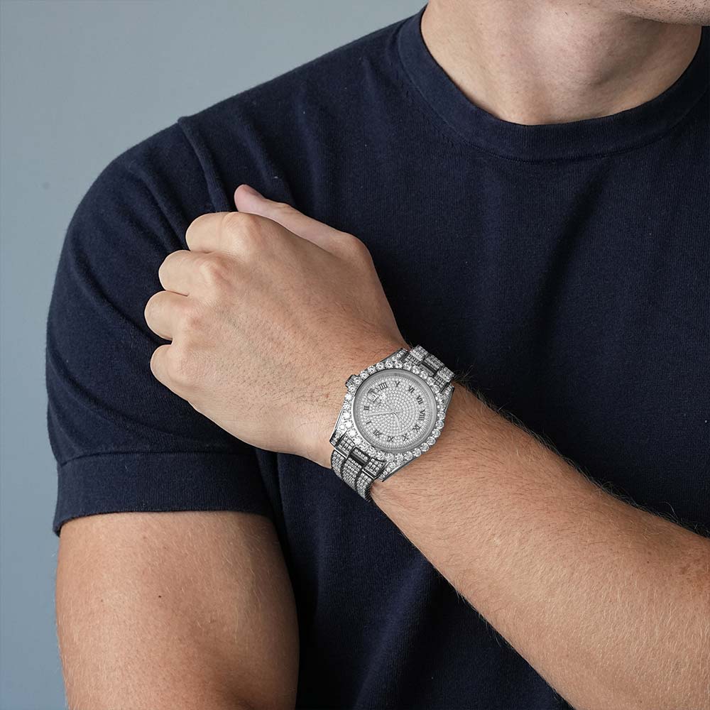 Moissanite Presidential Watch | 41MM | Roman Numeral Dial | 18.3CT Iced Out | 14K White Gold