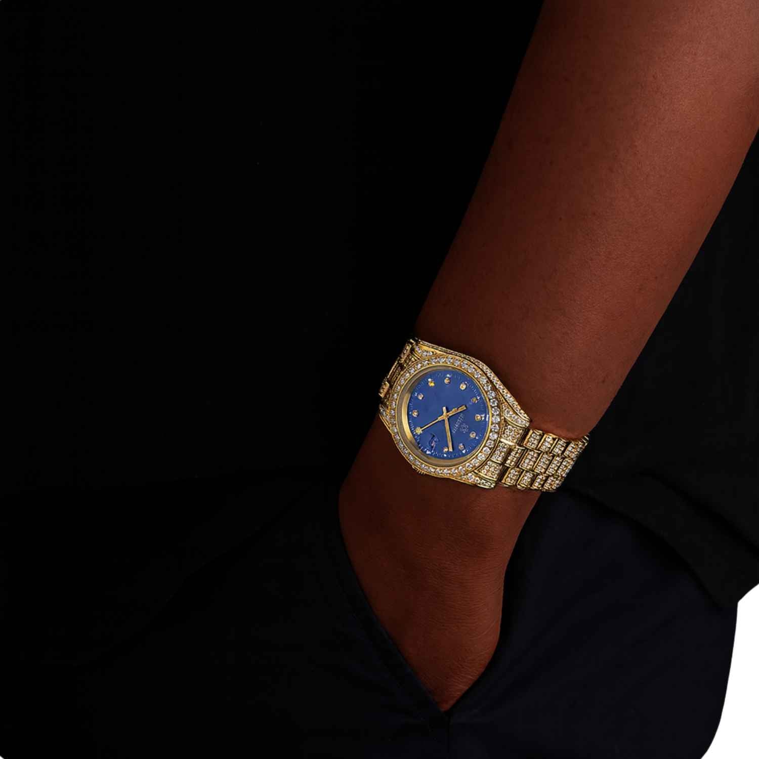 Moissanite Presidential Watch | Blue Face | 41MM | 13.3CT Iced Out | 14K Yellow Gold