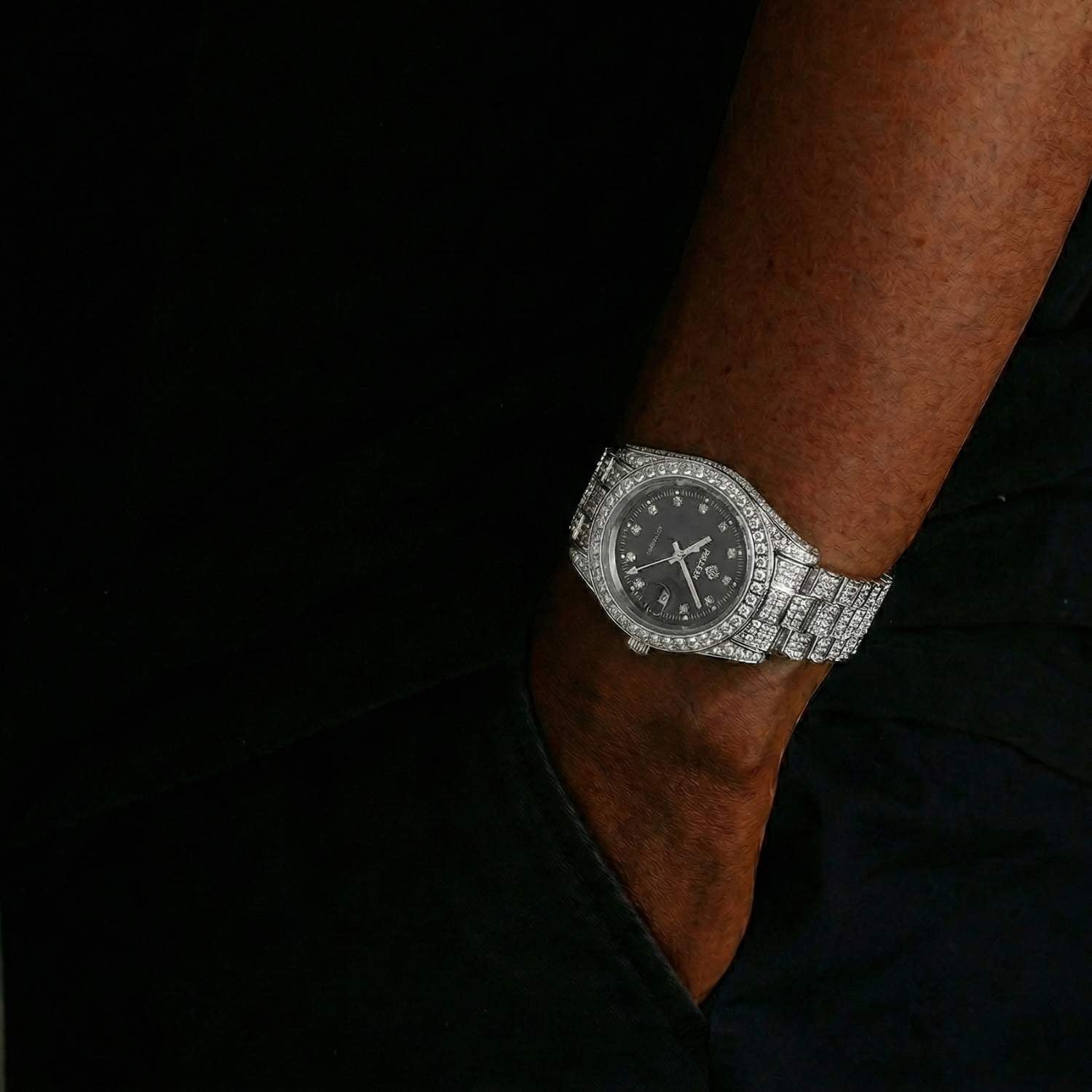 Moissanite Presidential Watch | Black Face | 41MM | 13.3CT Iced Out | 14K White Gold