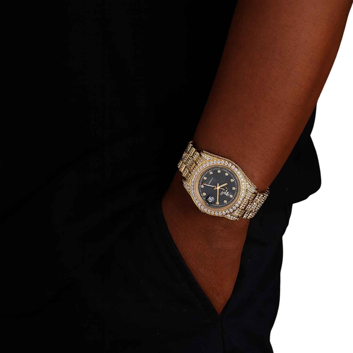 Moissanite Presidential Watch | Black Face | 41MM | 13.3CT Iced Out | 14K Yellow Gold
