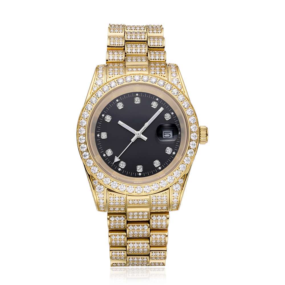 moissanite presidential watch black face 14k yellow gold white background