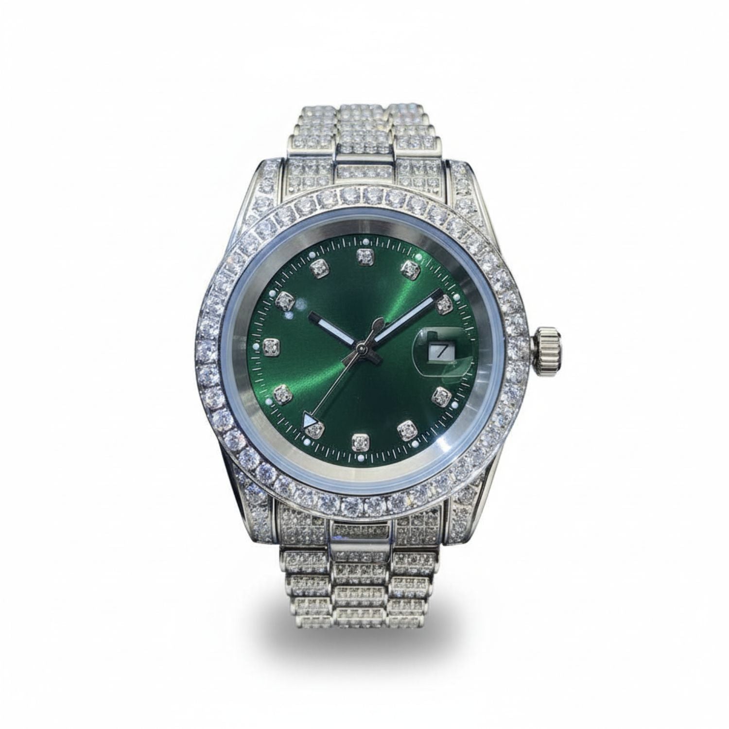 Moissanite Presidential Watch | Green Face | 41MM | 13.3CT Iced Out | 14K White Gold