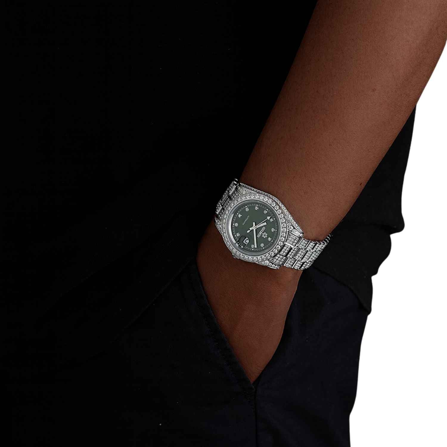 Moissanite Presidential Watch | Green Face | 41MM | 13.3CT Iced Out | 14K White Gold