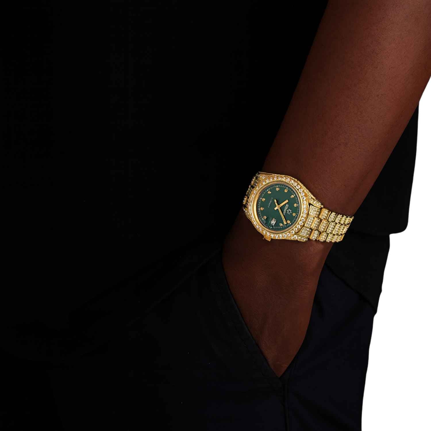 Moissanite Presidential Watch | Green Face | 41MM | 13.3CT Iced Out | 14K Yellow Gold