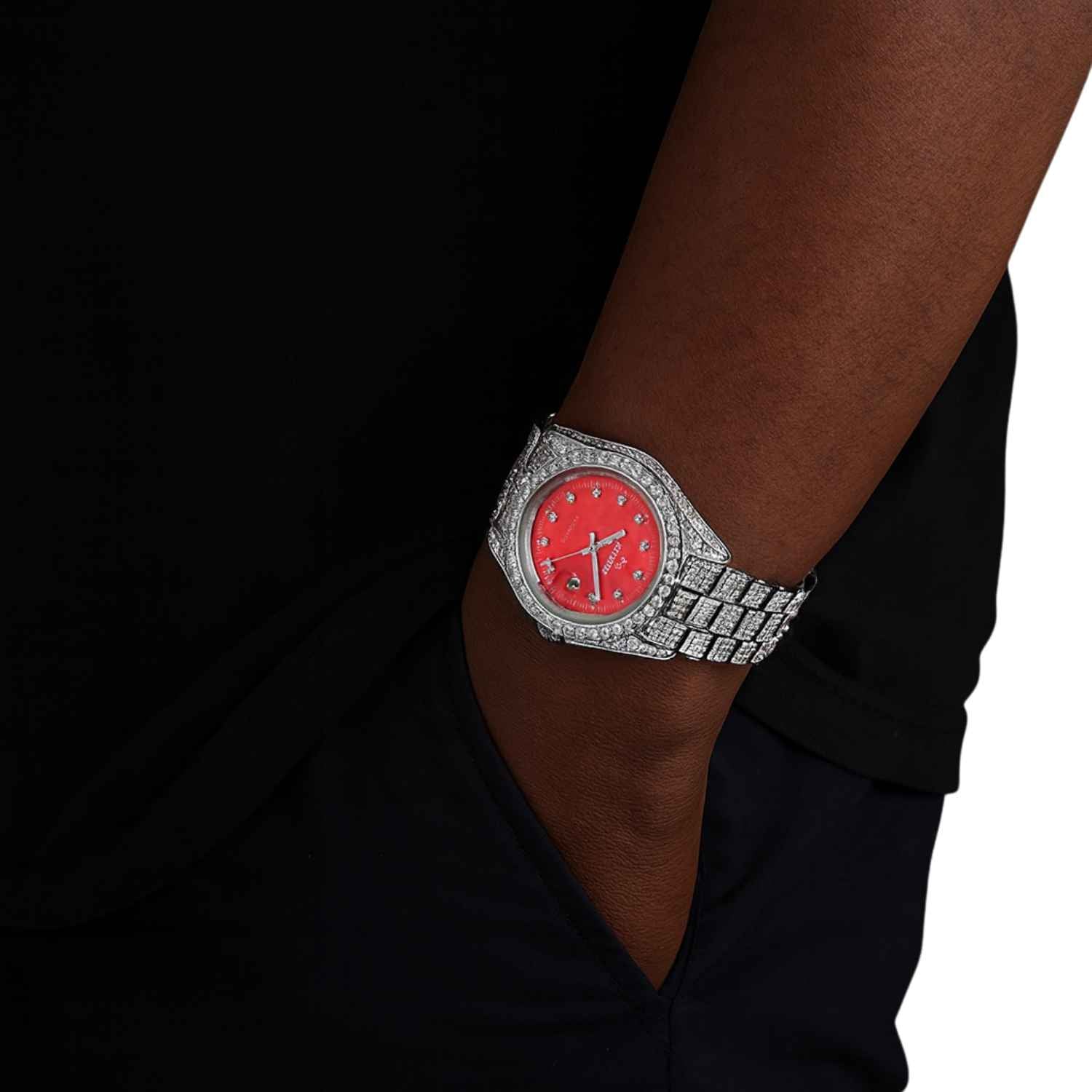 Moissanite Presidential Watch | Red Face | 41MM | 13.3CT Iced Out | 14K White Gold