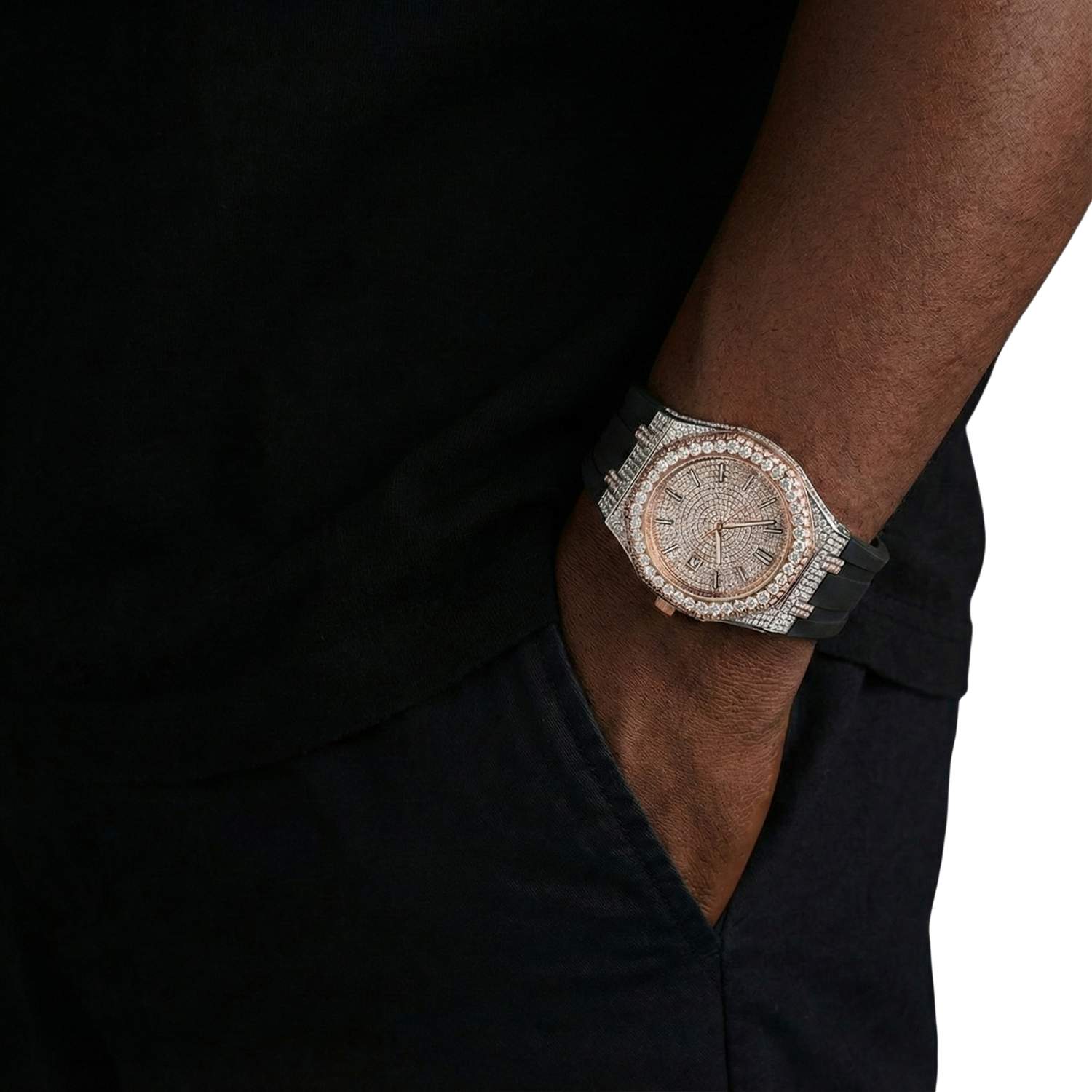 Moissanite Iced Out Silicone Band Watch | 13.5CT | 14K Rose Gold