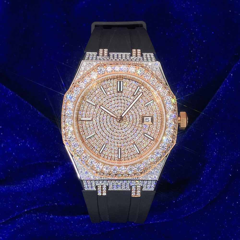Moissanite Iced Out Silicone Band Watch | 13.5CT | 14K Rose Gold