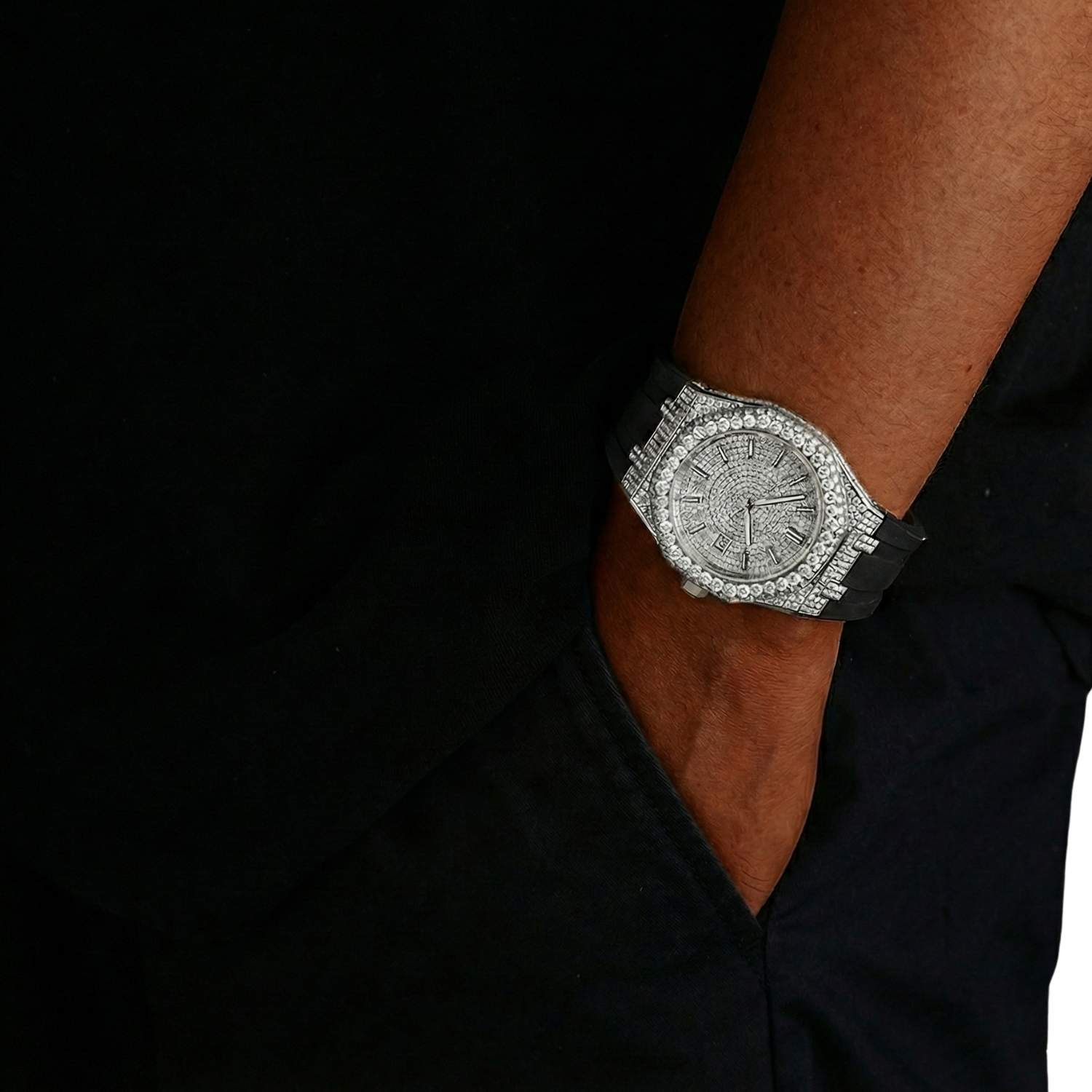 Moissanite Iced Out Silicone Band Watch | 13.5CT | 14K White Gold