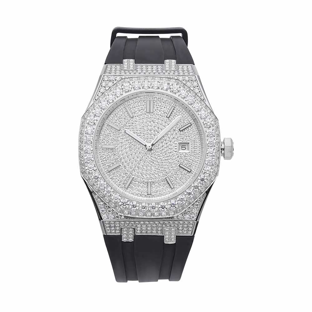 moissanite silicone band watch white gold 14k white background