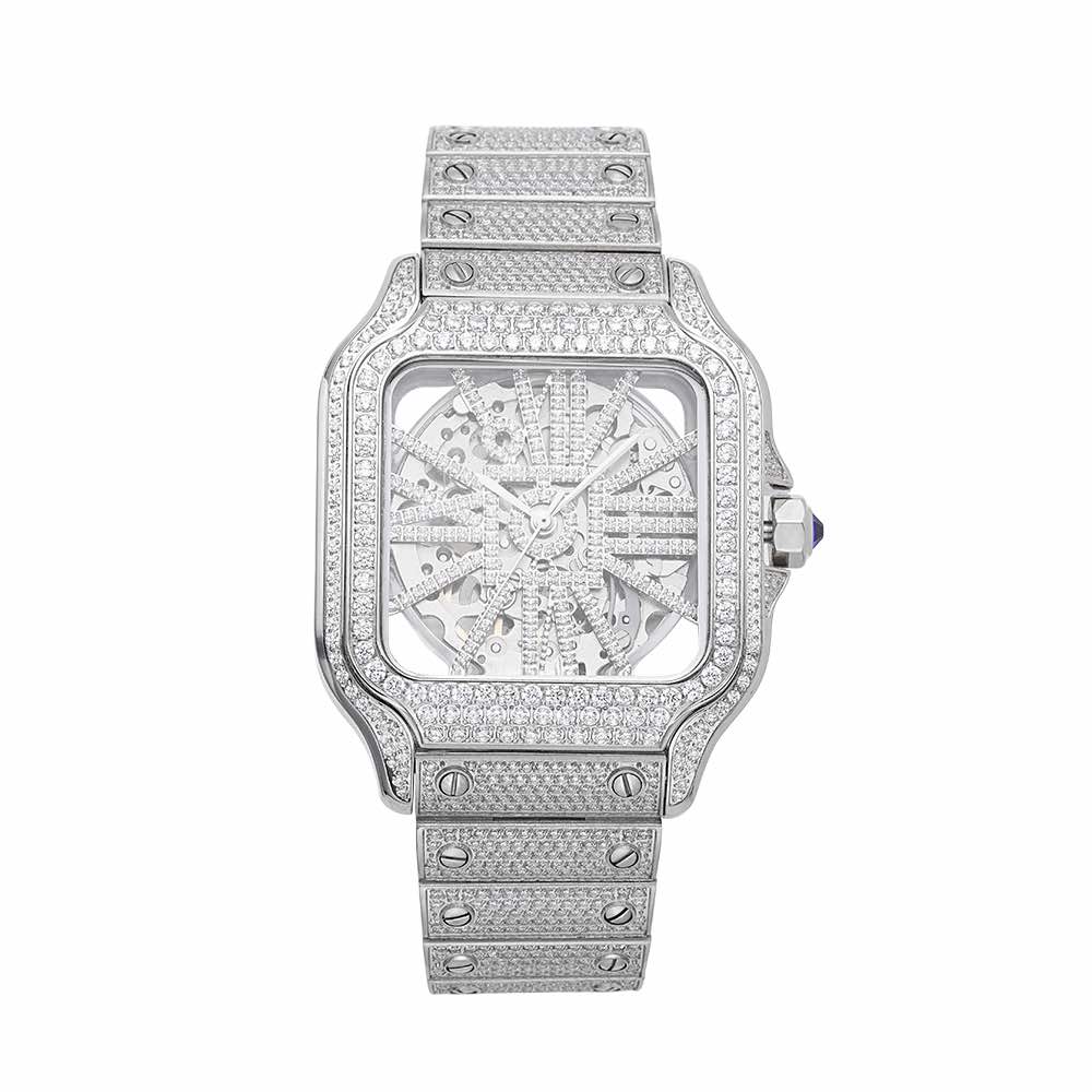 Moissanite Skeleton watch 14k white gold white background