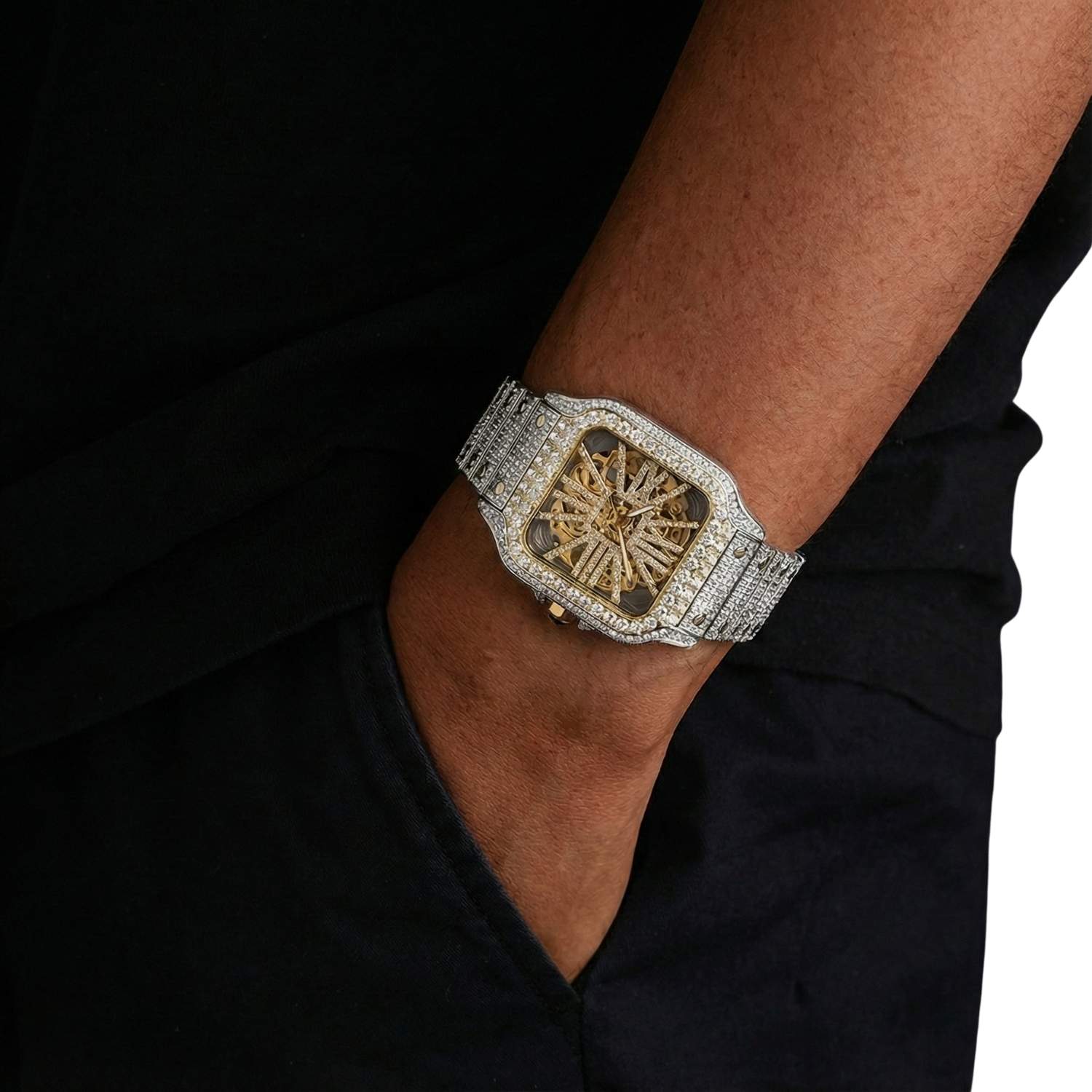 Moissanite Skeleton Watch | 42MM | 14K Yellow Gold | 14.1CT Bust Down