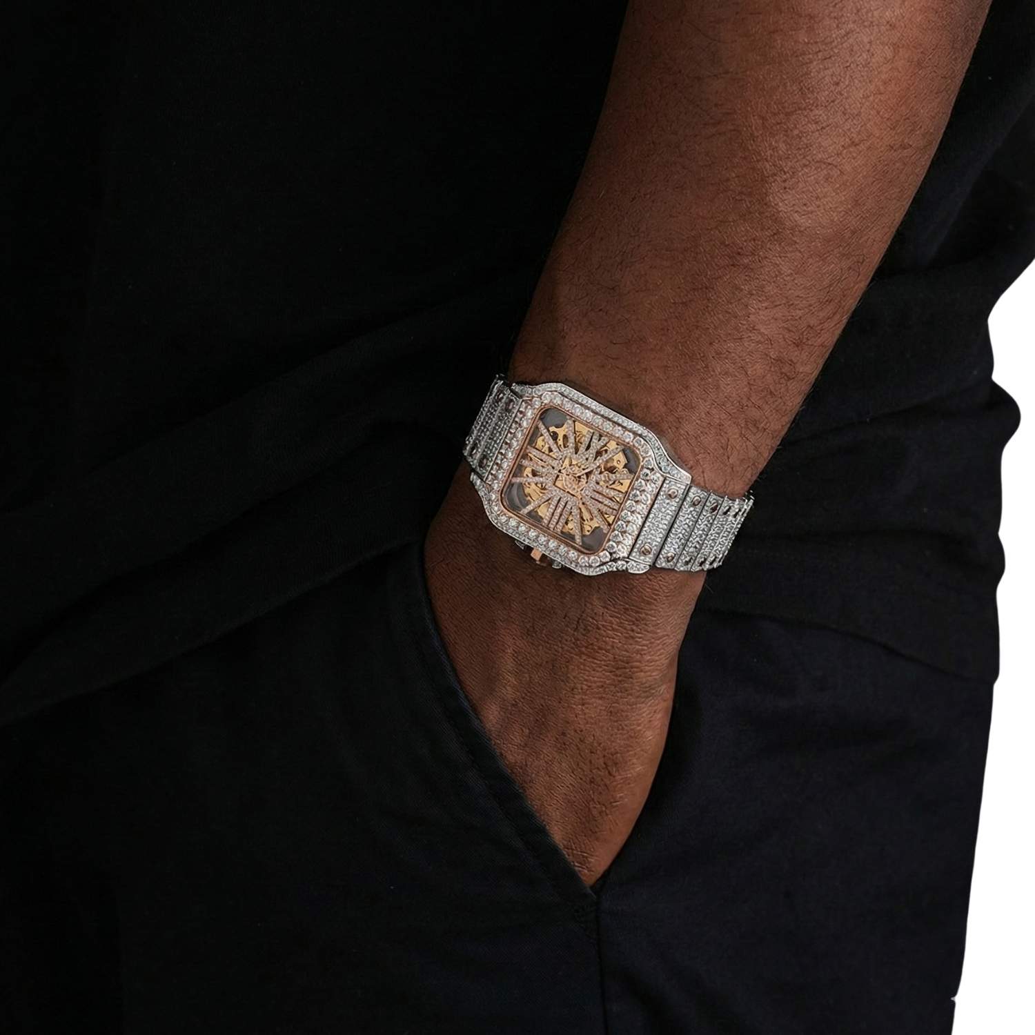 Moissanite Skeleton Watch | 42MM | 14K Rose Gold | 14.1CT Bust Down