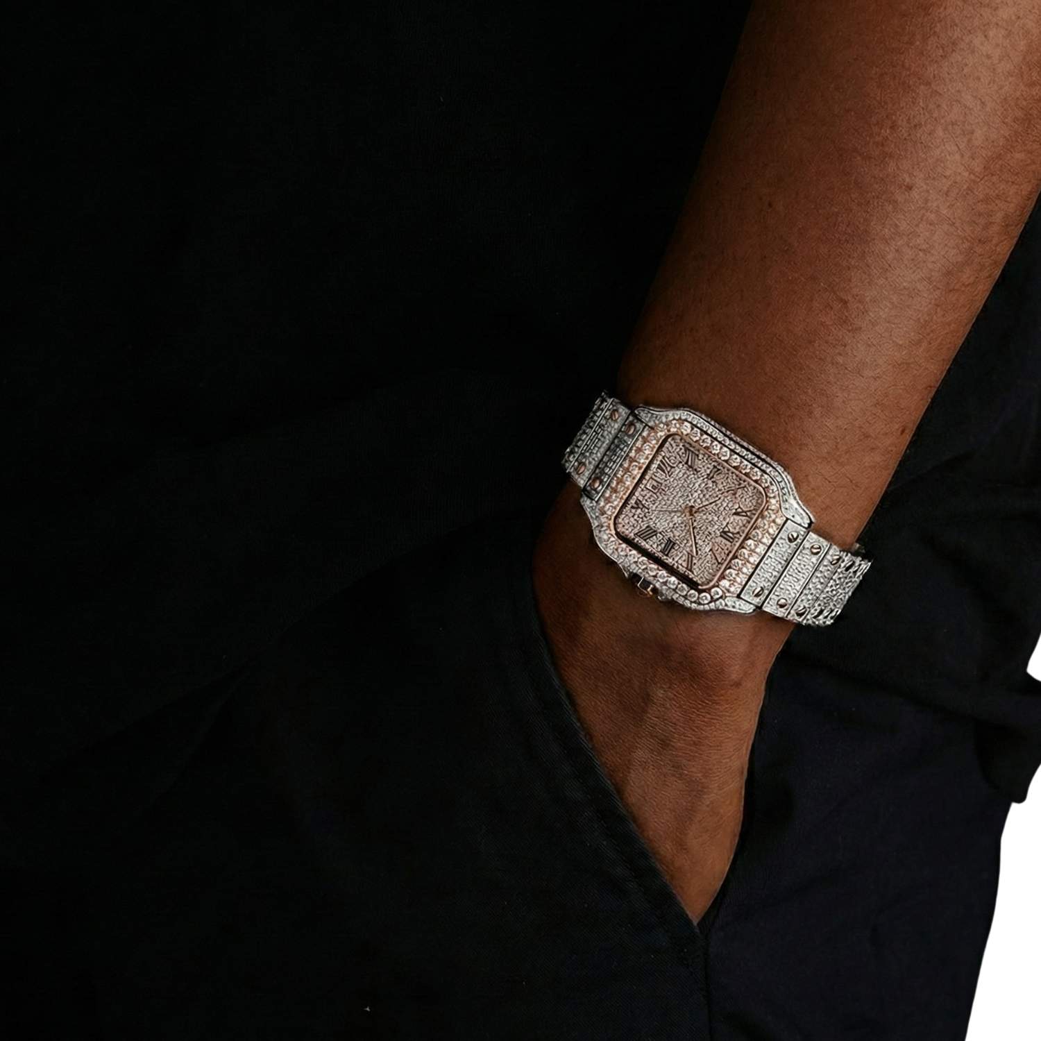 Men's VVS Moissanite Watch | 42MM | 16CT Bust Down | 14K Rose Gold